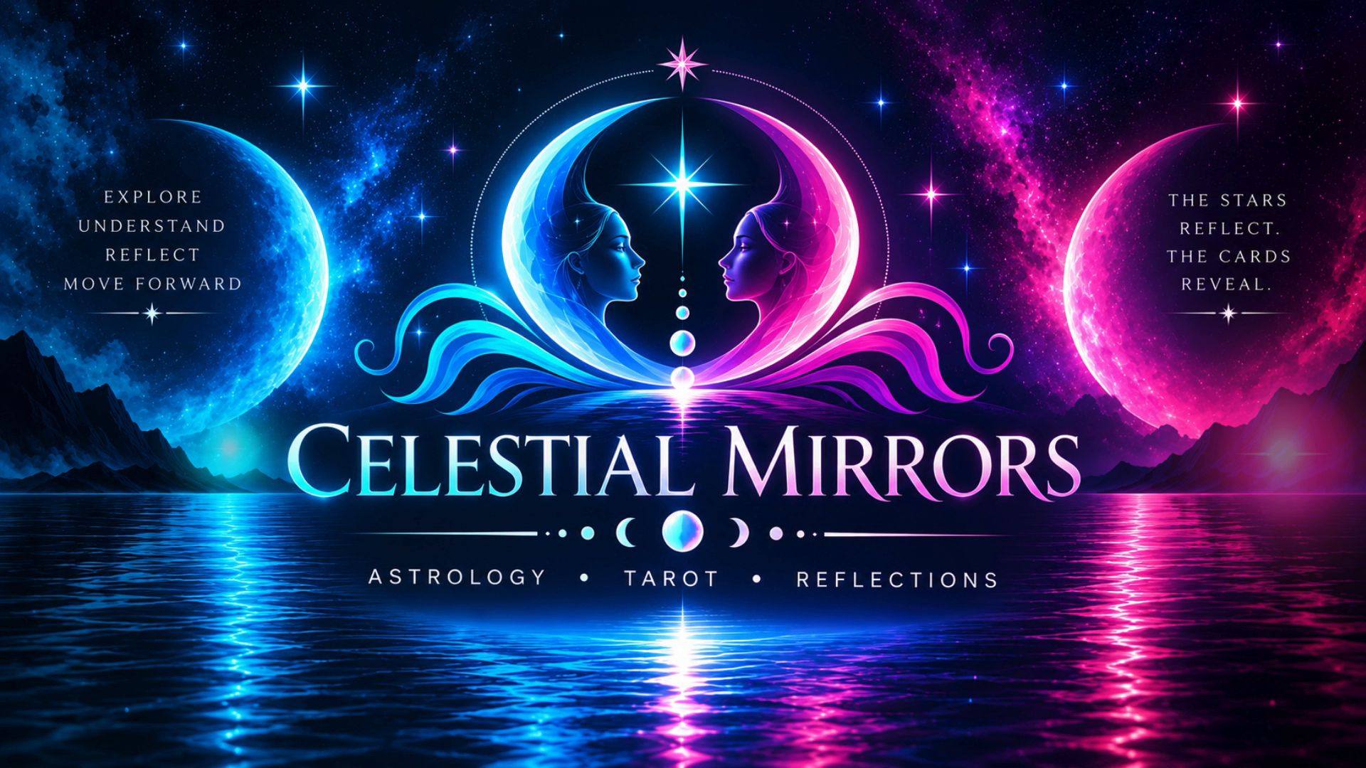 Two mirrored faces in glowing blue and pink, beneath a star, reflected in water.